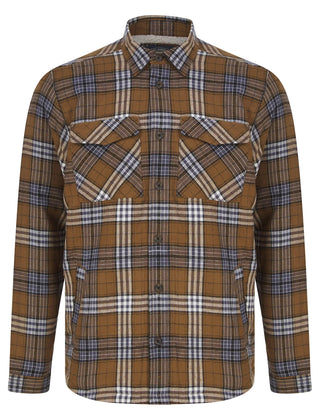 San Juan Borg Lined Cotton Flannel Checked Overshirt Jacket Coffee