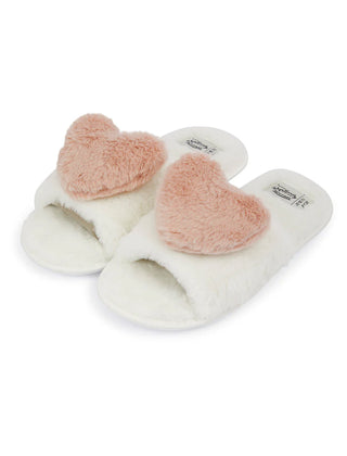 Heart Faux Fur Open Toe Slippers Cream