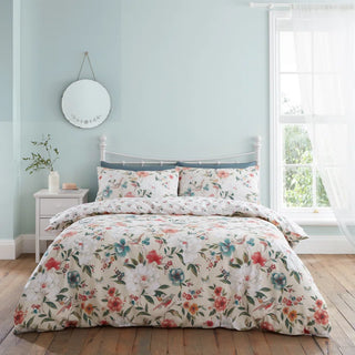 Catherine Lansfield Pippa Floral Birds Reversible Duvet Cover Natural