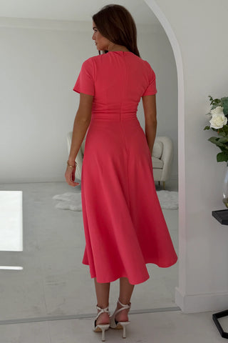 Minta Bow Detail Short Sleeve Midi Dress | Coral