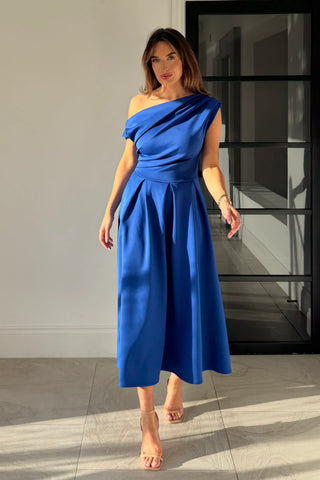 Betty Asymmetric Neckline Skater Midi Dress | Cobalt