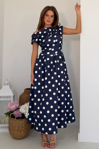 Betty Asymmetric Neckline Skater Midi Dress | Navy Polka