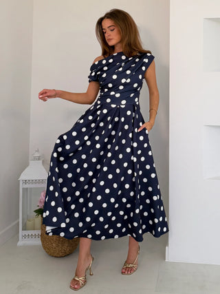 Betty Asymmetric Neckline Skater Midi Dress | Navy Polka