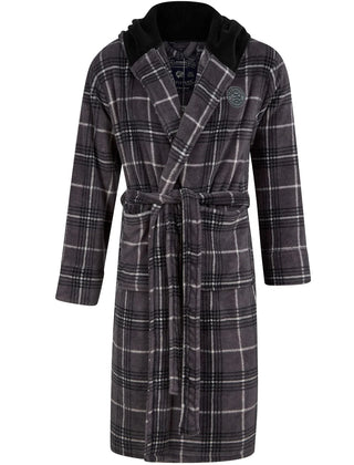 Ramsden Plaid Design Soft Fleece Dressing Gown with Hood Charcoal