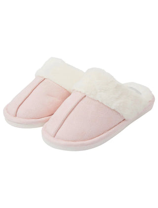 Rio Faux Suede Mule Slippers with Faux Fur Lining & Trim Light Pink