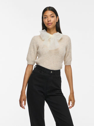 Itza Round Neck 2//4 Bow Knit Top  | Super Light Natural Melange