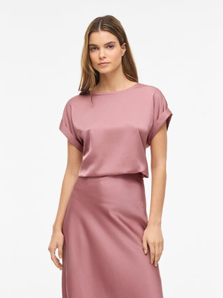 Viellette Short Sleeve Satin Top | Nostalgia Rose