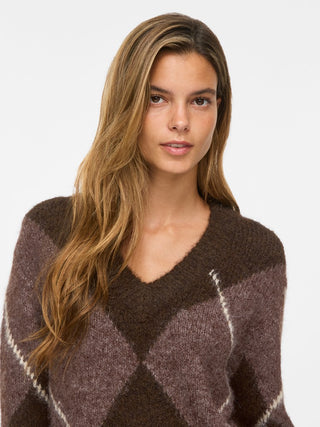 Tolise V Neck Long Sleeve Check Knit | Dark Coffee Bean Natural
