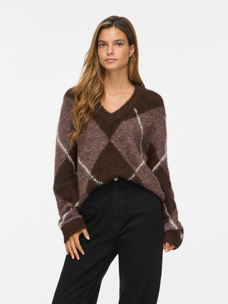 Tolise V Neck Long Sleeve Check Knit | Dark Coffee Bean Natural
