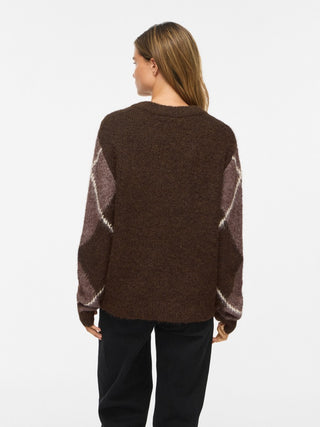 Tolise V Neck Long Sleeve Check Knit | Dark Coffee Bean Natural