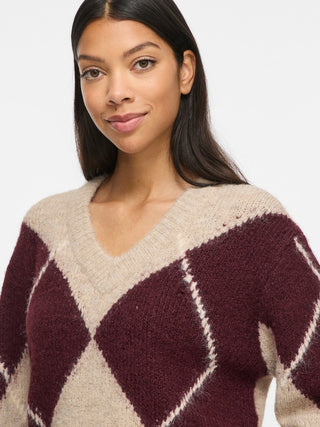 Tolise V Neck Long Sleeve Check Knit | Natural Melange Port