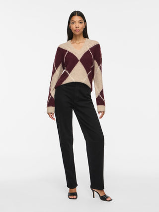 Tolise V Neck Long Sleeve Check Knit | Natural Melange Port
