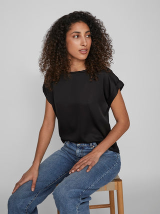 Ellette Short Sleeve Satin Top | Black