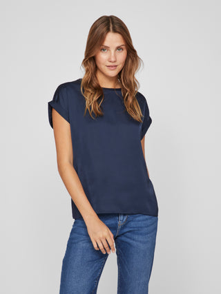 Ellette Short Sleeve Satin Top | Navy