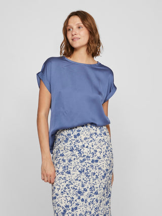 Ellette Short Sleeve Satin Top | Bijou Blue