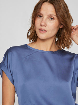 Ellette Short Sleeve Satin Top | Bijou Blue